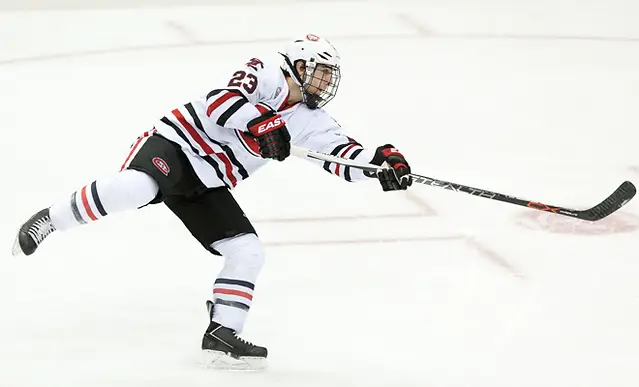 Robby Jackson (SCSU-23) 16 March 18 St. Cloud State University and Denver University National Collegiate Hockey Conference Tournament match-up at the Target Center in Minneapolis, Minnesota (Bradley K. Olson)