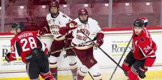Matt Boudens (New Brunswick - 28), Christopher Brown (BC - 10), David Cotton (BC - 17), Mark Simpson (New Brunswick - 24) - The Boston College Eagles defeated the visiting University of New Brunswick Varsity Reds in an exhibition game on Saturday, October 6, 2018, at Kelley Rink in Conte Forum in Chestnut Hill, Massachusetts.The Boston College Eagles defeated the visiting University of New Brunswick Varsity Reds in an exhibition game on Saturday, October 6, 2018, at Kelley Rink in Conte Forum in Chestnut Hill, Massachusetts. (Melissa Wade)