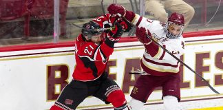 Stephen Anderson (New Brunswick - 27), Luke McInnis (BC - 3) - The Boston College Eagles defeated the visiting University of New Brunswick Varsity Reds in an exhibition game on Saturday, October 6, 2018, at Kelley Rink in Conte Forum in Chestnut Hill, Massachusetts.The Boston College Eagles defeated the visiting University of New Brunswick Varsity Reds in an exhibition game on Saturday, October 6, 2018, at Kelley Rink in Conte Forum in Chestnut Hill, Massachusetts. (Melissa Wade)