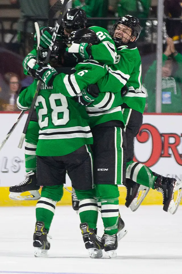 27 Oct 18: The University of North Dakota Fighting Hawks host the University of Minnesota Golden Gophers in the 2018 US Hockey Hall of Fame Game at Orleans Arena in Las Vegas, NV. Photo: Jim Rosvold/University of Minnesota (Jim Rosvold/University of Minnesota)