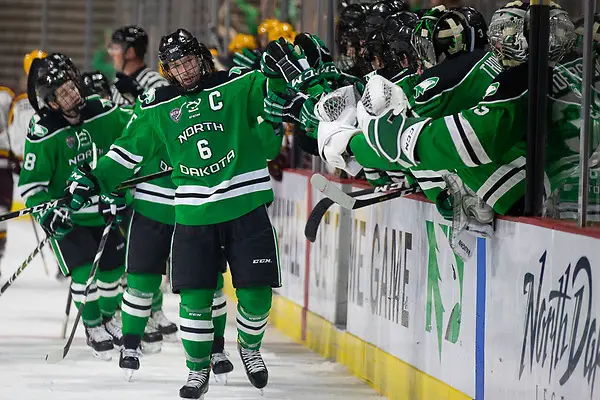 27 Oct 18: The University of North Dakota Fighting Hawks host the University of Minnesota Golden Gophers in the 2018 US Hockey Hall of Fame Game at Orleans Arena in Las Vegas, NV. Photo: Jim Rosvold/University of Minnesota (Jim Rosvold/University of Minnesota)