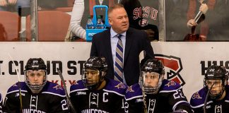 Coach Mike Hastings (Mankato State University Head Coach ) 2018 Jan. 12 The St.Cloud State University Huskies host Mankato State University n a non conference matchup at the Herb Brooks National Hockey Center in St. Cloud, MN (Bradley K. Olson)