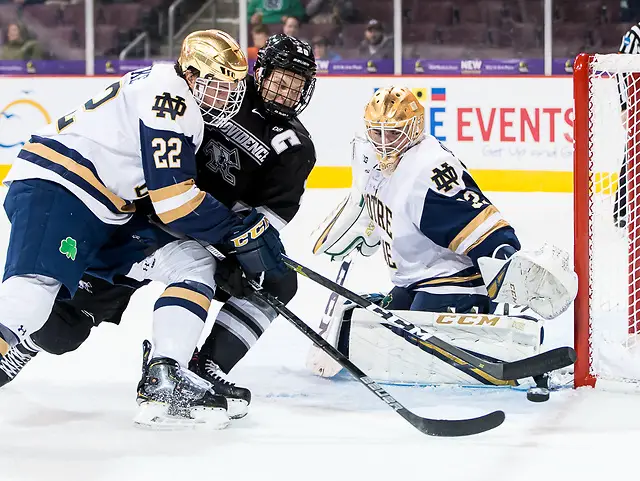 Kasper Björkqvist (20 - Providence), Andrew Peeke (22 - Notre Dame), Cale Morris (32 - Notre Dame) (2018 Omar Phillips)