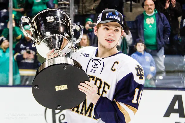 17 MAR 2018: Jake Evans (ND - 18). The University of Notre Dame Fighting Irish host the Ohio State University in the 2018 B1G Championship at Compton Family Ice Arena in South Bend, IN. (Rachel Lewis - USCHO) (Rachel Lewis/©Rachel Lewis)