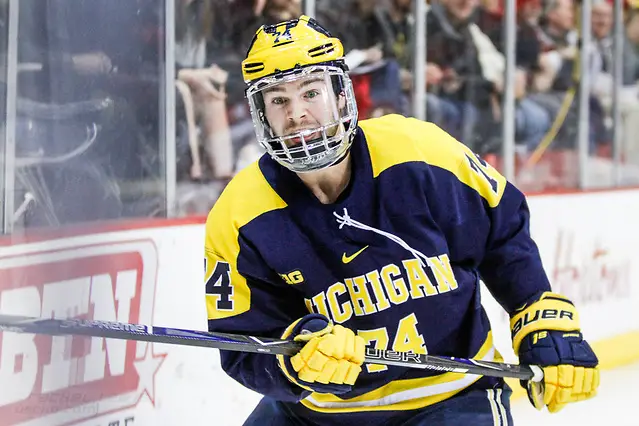 JAN 26, 2018: Nicholas Boka (Michigan - 74) The #6 Ohio State Buckeyes shut out the #20 Michigan Wolverines 4-0 at Value City Arena in Columbus, OH. (Rachel Lewis - USCHO) (Rachel Lewis/©Rachel Lewis)