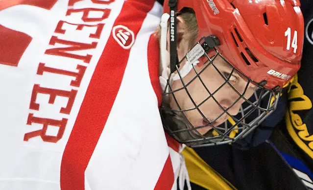 Bobo Carpenter (BU - 14) - The Boston University Terriers defeated the visiting Merrimack College Warriors 4-0 (EN) on Friday, January 29, 2016, at Agganis Arena in Boston, Massachusetts. (Melissa Wade)