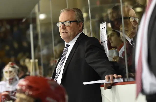 Athletics Men's Hockey V. Wisconsin Bench with Mark Morris (photo: Tara Freeman/St. Lawrence University)