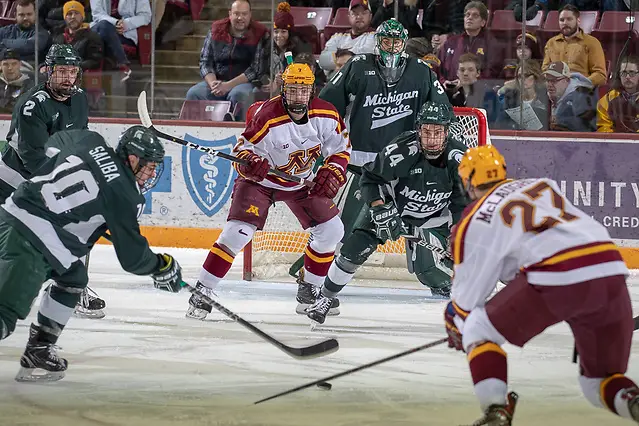 23 Nov 18:  The University of Minnesota Golden Gophers host the Michigan State University Spartans in a B1G conference matchup at 3M Arena at Mariucci in Minneapolis, MN.  Photo: Jim Rosvold/USCHO.com (Jim Rosvold/USCHO.com)
