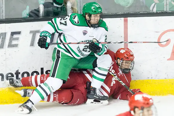 Josh Ess (Wisconsin -20) Ludwig Hoff (North Dakota-27) 2018 November 3 The University of North Dakota hosts the Wisconsin Badgers in a non conference matchup at the Ralph Engelstad Arena in Grand Forks, ND (Bradley K. Olson)
