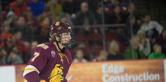 Scott Perunovich of Minnesota Duluth. Minnesota Duluth at Denver at Magness Arena, November 17, 2018. (Candace Horgan)