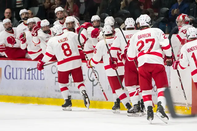 Cornell players celebrate a first period goal by Yanni Kaldis (8 - Cornell) (2018 Omar Phillips)