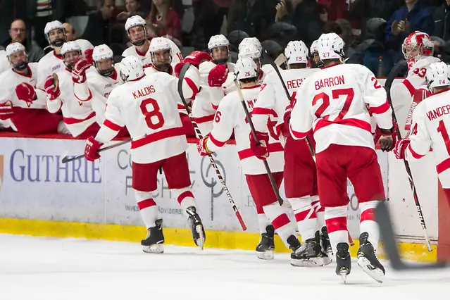 Photo By: 2018 Omar Phillips Cornell players celebrate a first period goal by Yanni Kaldis (8 - Cornell) (2018 Omar Phillips)