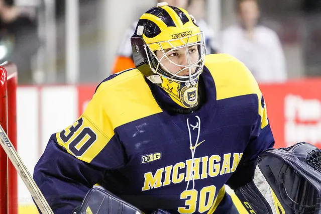 Photo By: Rachel Lewis/©Rachel Lewis JAN 26, 2018: Hayden Lavigne (Michigan - 30) The #6 Ohio State Buckeyes shut out the #20 Michigan Wolverines 4-0 at Value City Arena in Columbus, OH. (Rachel Lewis - USCHO) (Rachel Lewis/©Rachel Lewis)