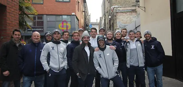 Yale players take time to pose for a picture in Belfast before getting down to business on the ice Friday (photo: Yale Athletics)