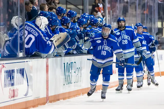 Air Force players celebrate a goal by Evan Feno (18 - Air Force) (2018 Omar Phillips)
