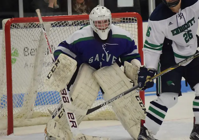 Freshman Blake Wojtala made 43 saves, completing a playoff shutout hat trick in backing Salve Regina to its first ECAC Northeast title and automatic berth into the NCAA tournament. (Edward Habershaw)