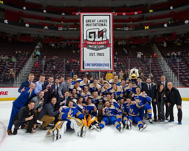 DETROIT, MI - DECEMBER 31: The Lake Superior State Lakers win the 2018 Great Lakes Invitational Hockey Tournament championship game against the Michigan Tech Huskies 6-3 at Little Caesars Arena on December 31, 2018 in Detroit, Michigan. (Photo by Dave Reginek/Getty Images) *** Local Caption *** (Dave Reginek/photo: Detroit Red Wings)