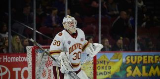 Filip Larsson of Denver, Providence at Denver at Magness Arena, Nov. 24, 2018 (Candace Horgan)