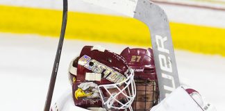 The Boston College Eagles defeated the visiting Providence College Friars 4-2 (EN) on Friday, January 11, 2019, at Kelley Rink in Conte Forum in Chestnut Hill, Massachusetts. (Melissa Wade)