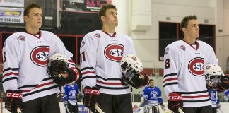 Jack Poehling (SCSU-3) Ryan Poehling (SCSU-11) Nick Poehling (SCSU8) Nathan Widman (SCSU-5) 16 October 28 Alabama Huntsville and St. Cloud State University meet in a non conference contest at the Herb Brooks National Hockey Center (Bradley K. Olson)