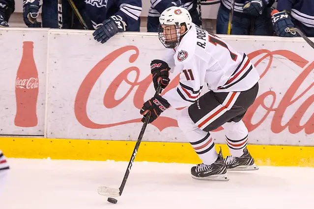 Ryan Poehling (SCSU-11) 2018 October 7 St. Cloud State University hosts Mount Royal University in a exhibition contest at the Herb Brooks National Hockey Center (Bradley K. Olson)