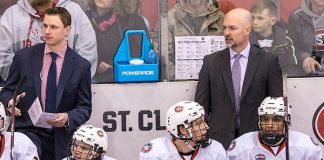 Brett Larson 2019 January 18 St. Cloud State University hosts Western Michigan in a NCHC contest at the Herb Brooks National Hockey Center (Bradley K. Olson)