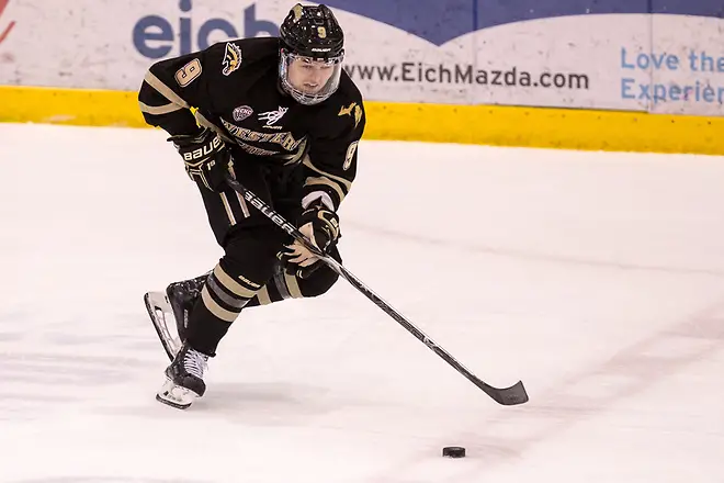 Dawson DiPietro (Western Michigan-9))2019 January 18 St. Cloud State University hosts Western Michigan in a NCHC contest at the Herb Brooks National Hockey Center (Bradley K. Olson)