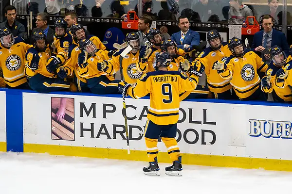 Canisius players celebrate a goal by David Parrottino (9 - Canisius) (2019 Omar Phillips)
