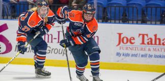 Rebecca Brown (on left) and Olivia Hirschy (on right) lead Utica (Utica Athletics)