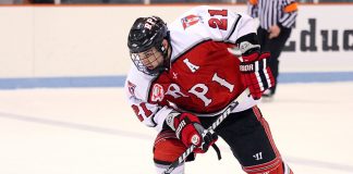 Chase Polacek (RPI - 21) carries the puck through the neutral zone. The Rennselaer Engineers visited Princeton