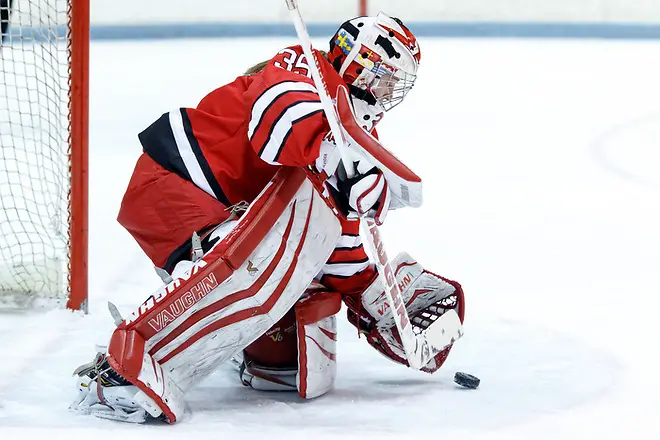 Lovisa Selander (Rensselaer - 35) makes a save. (Shelley M. Szwast)