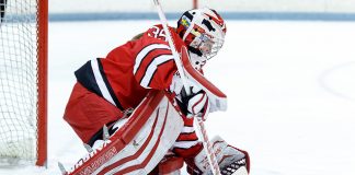 Lovisa Selander (Rensselaer - 35) makes a save. (Shelley M. Szwast)