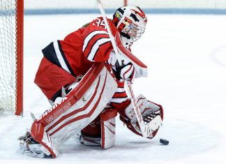 Lovisa Selander (Rensselaer - 35) makes a save. (Shelley M. Szwast)