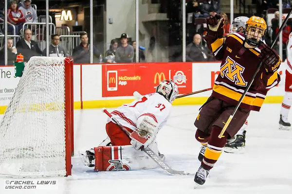 Tommy Nappier (OSU - 37), Nathan Burke (MINN - 21) The Ohio State Buckeyes lose 4-3 to the University of Minnesota Golden Gophers Saturday, February 16, 2019 at Value City Arena in Columbus, OH. (Rachel Lewis - USCHO) (Rachel Lewis/©Rachel Lewis)