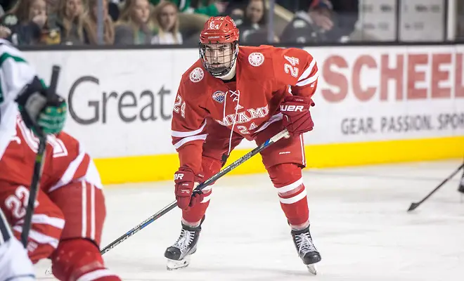 Ryan Siroky (Miami of Ohio-24) 17 Jan.14 Miami of Ohio Redhawks and University of North Dakota meet in a NCHC conference match-up at the Engelsted Arena Grand Forks, ND (Bradley K. Olson)