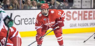 Ryan Siroky (Miami of Ohio-24) 17 Jan.14 Miami of Ohio Redhawks and University of North Dakota meet in a NCHC conference match-up at the Engelsted Arena Grand Forks, ND (Bradley K. Olson)