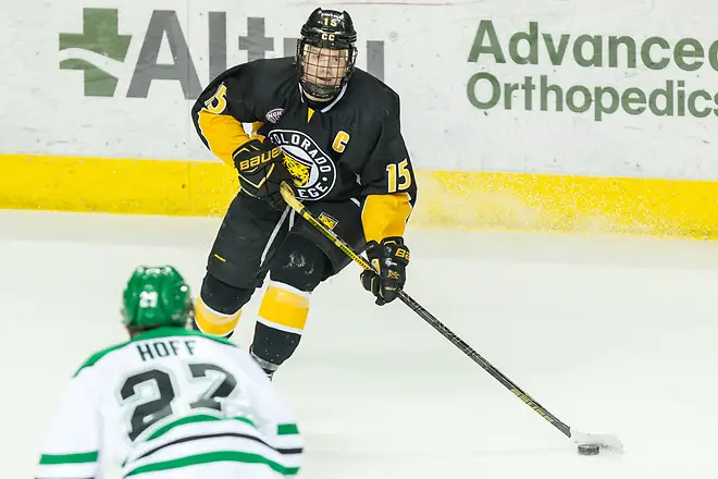 Photo By: Bradley K. Olson Mason Bergh (Colorado College-15) 2019 January 12 University of North Dakota hosts Colorado College in a NCHC matchup at the Ralph Engelstad Arena in Grand Forks, ND (Bradley K. Olson)