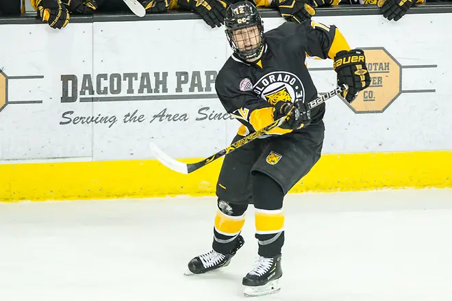 Ben Copeland (Colorado College-12) 2019 January 12 University of North Dakota hosts Colorado College in a NCHC matchup at the Ralph Engelstad Arena in Grand Forks, ND (Bradley K. Olson)