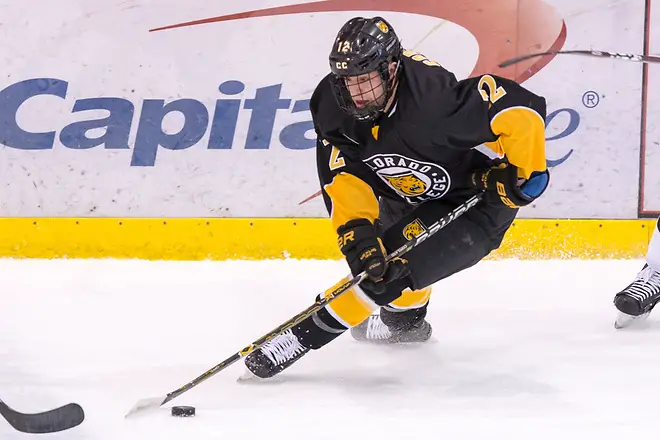 Ben Copeland (Colorado College-12) Jon Lizotte (SCSU-10) 2019 February 9 St. Cloud State University hosts Colorado College in a NCHC contest at the Herb Brooks National Hockey Center (Bradley K. Olson)