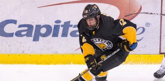 Ben Copeland (Colorado College-12) Jon Lizotte (SCSU-10) 2019 February 9 St. Cloud State University hosts Colorado College in a NCHC contest at the Herb Brooks National Hockey Center (Bradley K. Olson)