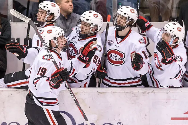 Sam Hentges (SCSU-19) 2019 February 9 St. Cloud State University hosts Colorado College in a NCHC contest at the Herb Brooks National Hockey Center (Bradley K. Olson)