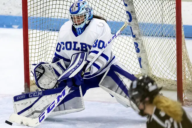 WATERVILLE, ME - NOVEMBER 17, 2018 Colby College's Cierra San Roman makes a save from Bowdoin College during their hockey game at Colby Saturday. (Photo by Ashley L. Conti) (Ashley L. Conti)