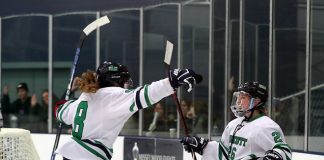 Ellen Carter (8) and Jillian Gibbs (26) of Endicott (David Le/Endicott College)