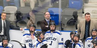 The visiting Army West Point Black Knights defeated the Bentley University Falcons 5-1 on Friday, February 16, 2018, in the first game in the new Bentley Arena in Waltham, Massachusetts. (Melissa Wade)