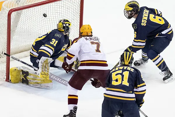 8 Mar 19: The University of Minnesota Golden Gophers host the University of Michigan Wolverines in quarterfinal round of the 2019 B1G Men's Ice Hockey Tournament at 3M at Mariucci Arena in Minneapolis, MN. (Jim Rosvold)