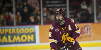 Billy Exell of Minnesota Duluth. Minnesota Duluth at Denver at Magness Arena, November 17, 2018. (Candace Horgan)