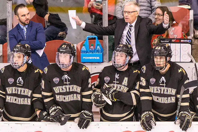 Photo By: Bradley K. Olson Andy Murray WMU Head Coach 2019 January 18 St. Cloud State University hosts Western Michigan in a NCHC contest at the Herb Brooks National Hockey Center (Bradley K. Olson)