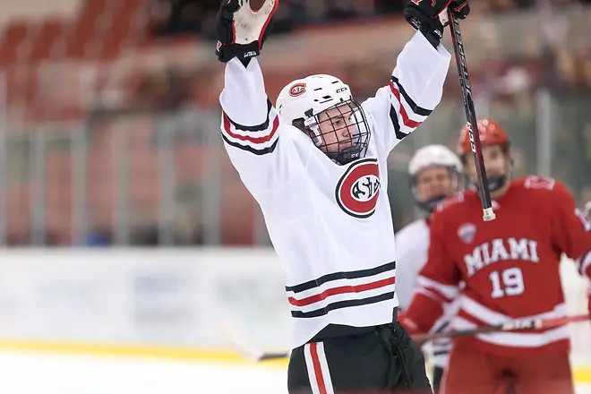 Nick Poehling (SCSU-7) 2019 March 15 St. Cloud State University hosts Miami of Ohio a NCHC playoff contest at the Herb Brooks National Hockey Center (Bradley K. Olson)