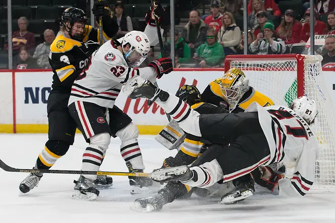 Blake Lizotte (SCSU-27) 2019 March 22 St. Cloud State University and Colorado College meet in the semi finals of the NCHC Frozen Face Off at the Xcel Energy Center in St. Paul, MN (Bradley K. Olson)