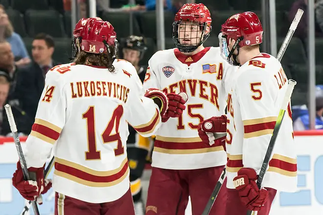 Jarid Lukosevicius (Denver-14) Ian Mitchell (Denver-15) Lester Lancaster (Denver-5) 2019 March 23 Denver and Colorado College meet in the 3rd place game of the NCHC  Frozen Face Off at the Xcel Energy Center in St. Paul, MN (Bradley K. Olson)